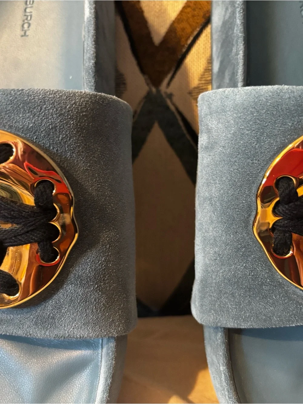 Worn 2x! New condition -  Tori BurchBlue Suede Slide Sandals with Gold Logo